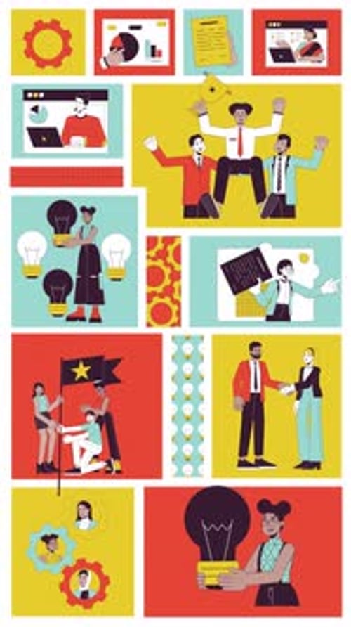 Team innovation and business leadership bento grid vertical animation