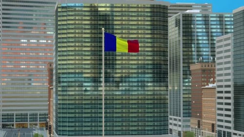 Waving Romanian Flag in Corporate Cityscape