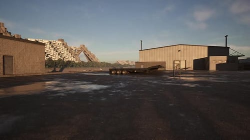Abandoned Industrial Area with Large Structures Under Clear Blue Sky at Sunset