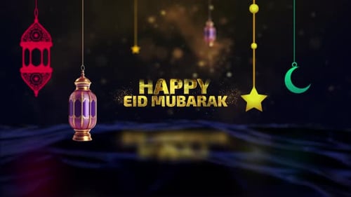 Festive Eid Mubarak Greeting with Hanging Lanterns and Sparkling Stars