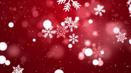 Falling Snowflakes and Bokeh Lights on Red Festive Background