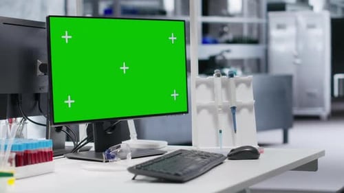Green Screen Desktop Pc on a Desk in Empty Laboratory Setting