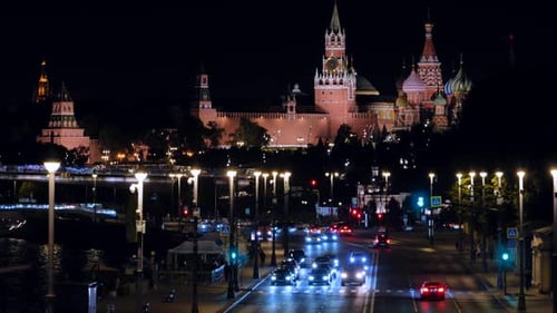 Moscow Cityscape at Night Featuring Kremlin Complex and Saint Basil's Cathedral