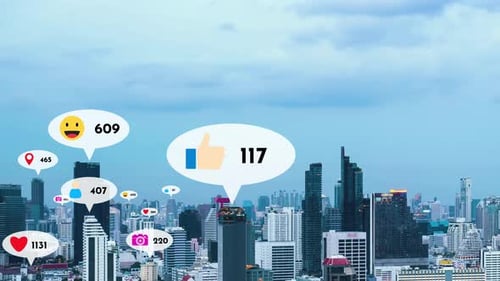 Social Media Icons Fly Over City Downtown Showing People Reciprocity Connection