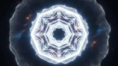 Hexagon mit heiliger Geometrie | Vibrierendes Mandala, 3D-Animation, horizontal | Manestream Den