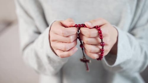 Christian rosary with close up Female. A woman's hands pray in a church or temple or at home. Prayer