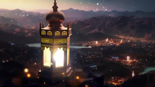Lanterne du Ramadan avec inscriptions islamiques sur les collines des montagnes