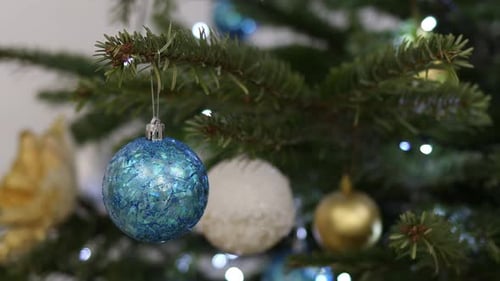 Beautiful New Year's, Christmas toys on the branches of a green Christmas tree. Christmas decoration