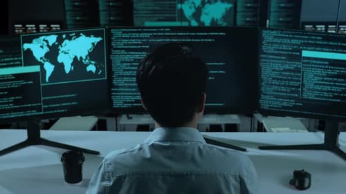 Hombre asiático pensando en algo mientras escribe código con múltiples pantallas de ordenador en la oficina