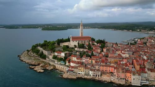 Aerial Panorama of Old Town Rovinj Famous Ancient Croatian City at the Sea of Istria Croatia