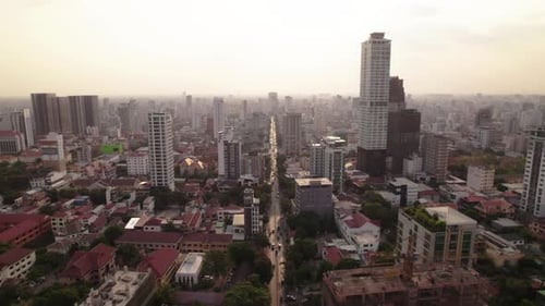 Phnom Penh golden hour drone view