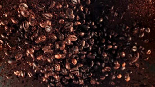 Geröstete Kaffeebohnen im Flug, gefilmt mit einer Hochgeschwindigkeitskamera mit 1000 Bildern pro Sekunde