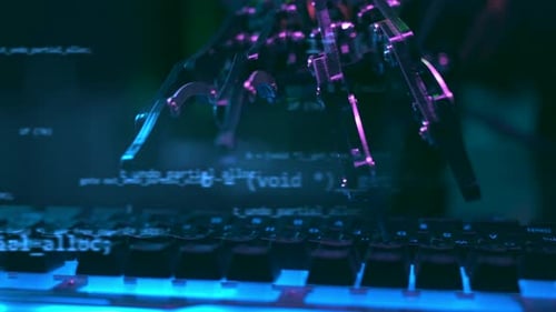 Robô trabalhando manualmente e digitando no teclado do PC com tecnologia de IA Inteligência Artificial Mecânica