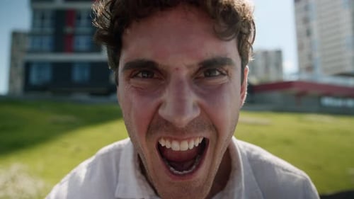 Close Up Face Angry Caucasian Man Screaming Shouting Male Guy Businessman Business City Outdoors Mad