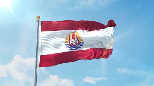 Waving French Polynesia Flag Against Blue Sky with Lens Flare