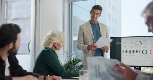 Man, presentation and screen with graphs, office or documents for accounting at finance company