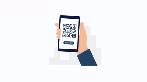 4k Hand Holding Phone with Qr Code. Qr Code Scan Here Concept Animation Video