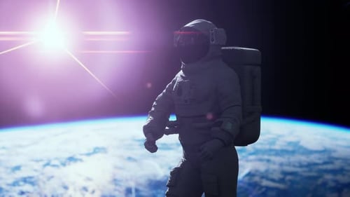 Space Man Astronaut in Space on a Background of the Blue Planet Earth