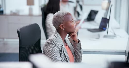 Work, research and black woman with computer in office for information technology