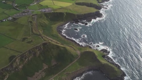 Aerial Top Down of Green Rock Sea Coast Nobody Nature Landscape Grass Meadow Fields Rural Road