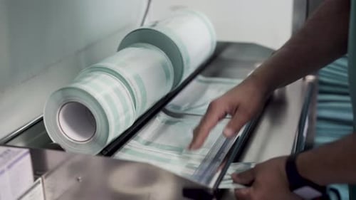 Slicing medical packaging sealed bags at private hospital