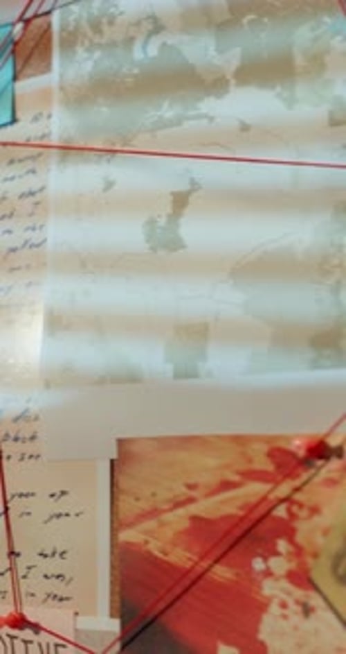 Crime, evidence board and investigation in police station for law enforcement or problem solving