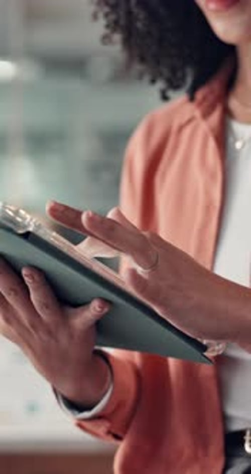 Tablet, scroll and hands of business woman in office for online feedback