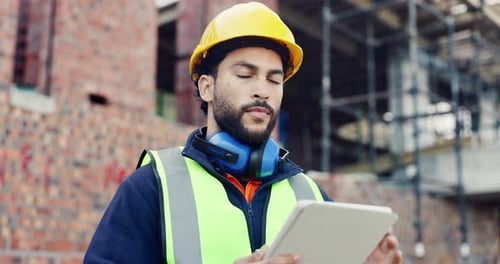 Man, thinking or tablet on construction site for planning, building project or happy for progress