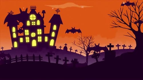 Cartoon Halloween Haunted House Background with Flying Bats