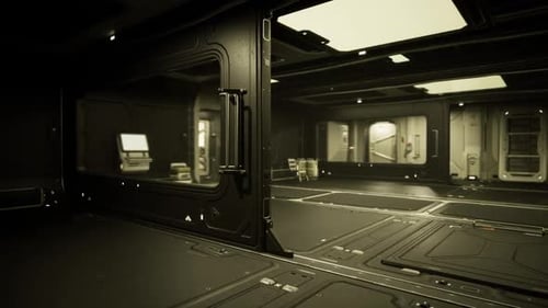 Salon tranquille de la station spatiale avec chaises et caisses éloignées