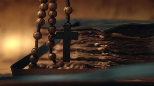 Holy Bible and Wooden Cross on the Desk Spirituality Religion and Hope Concept Symbol of