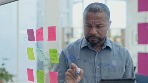 Thoughtful Man Planning Strategy on Glass Whiteboard