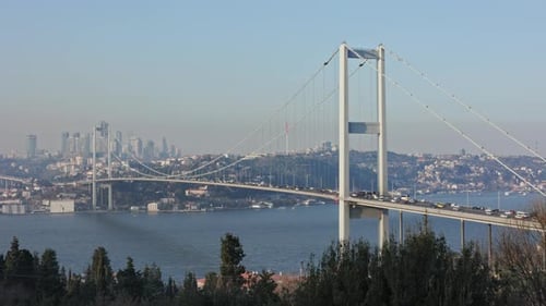 bridge over the Bosphorus in Istanbul with a view of the modern city, traffic
