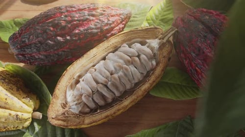 Fruta de cacau fresca com feijão e folhas de cacau em uma mesa de madeira à luz do sol.