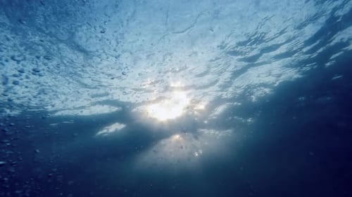 Blick unter dem Meeresboden auf Sonnenstrahlen, die durch die Wasseroberfläche scheinen. Aufsteigende Luftblasen