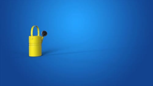 Bright Yellow Watering Can Rotating on Blue Background