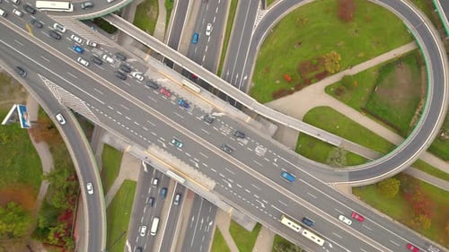 Aerial shot of elevated road junction. Drone footage of top view of Highway road junctions. The Inte