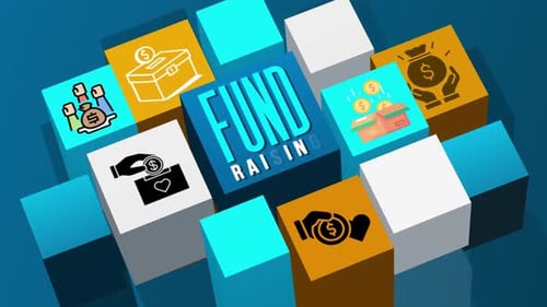 Animated Fundraising Concept with Flat Design Icons on Rotating Cubes
