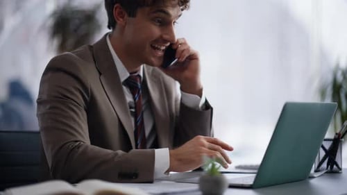 Office Manager Calling Smartphone Laptop Workplace Closeup Positive Businessman