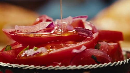 Summer Vegan Tomato Salad with Parsley Red Onion Garlic Pepper and Olive Oil Dressing White Table