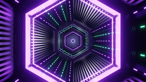 Light Purple And Turquoise Neon Glowing Hexagon Futuristic Corridor Background Vj Loop In 4K