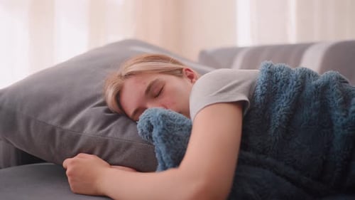 Close Up Elegant Lady Sleeping Holding Blanket Warmly