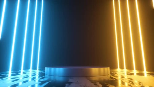 Plataforma para presentación de productos de juegos, animación de fondo abstracto de neón, renderizado 3D