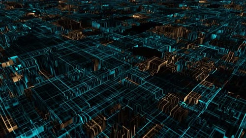 Fond de science-fiction avec néons bleus et oranges et éléments technologiques futuristes