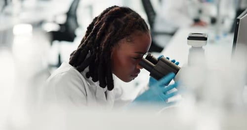 Mulher africana, microscópio e estudo com ciência em laboratório, pesquisa e avanço médico