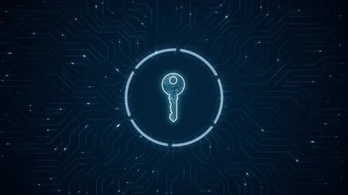 Blue digital security key logo and futuristic technotogy circle HUD with circuit board