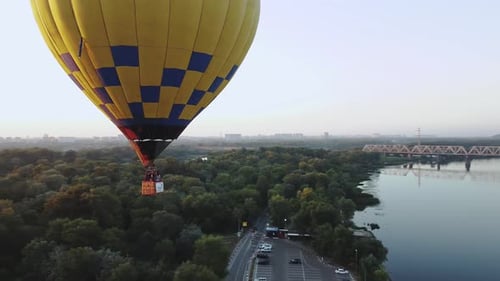 Closeup Hot Air Balloon Over Kiev View River Dnipro in the Sunrise Beautiful Panorama of the City