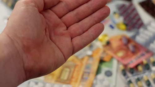 Hand Pouring Pills with Money and Medicine
