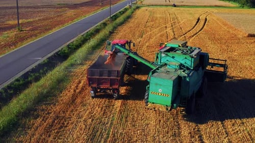 A Combine Harvester Unloads Grains Into A Farm Truck During Harvest - drone shot