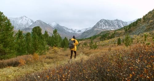 Woman Hiker Walking in Mountain Valley Enjoying Stunning Autumn Landscape